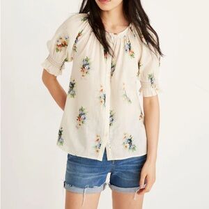 Madewell Floral Peasant Blouse XS 100% Cotton Cream Boho Top
